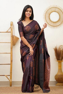 Nirvaan Solid/Plain Banarasi Cotton Silk, Jacquard Saree(Purple)