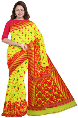 Monde Avenir Woven Jamdani Cotton Blend Saree(Yellow, Pink)