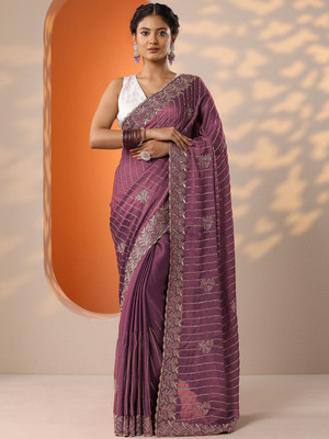 LIBAS Embellished Daily Wear Silk Blend Saree(Purple)