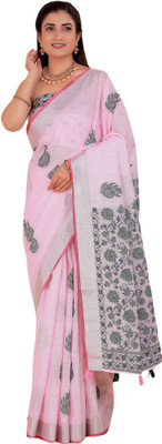 NEGRONI Woven Daily Wear Linen Saree(Pink)