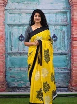 MAYAK HANDLOOM Printed, Blocked Printed, Hand Painted Bollywood Pure Cotton Saree(Yellow, Grey)