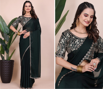 niesha fashion Embroidered Bollywood Chiffon Saree(Dark Green)
