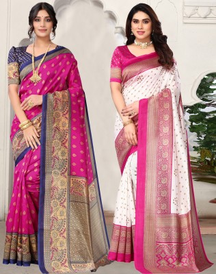 SIRIL Geometric Print, Printed Kanjivaram Silk Blend Saree(Pack of 2, Pink, Beige, White)