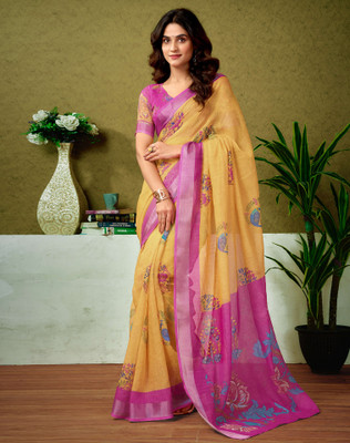 Divastri Floral Print, Printed, Embellished Bollywood Linen Saree(Yellow, Pink)