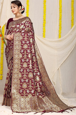HouseOfCommon Self Design Banarasi Pure Silk Saree(Maroon)