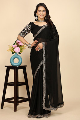 Zenophily Solid/Plain Maheshwari Chiffon Saree(Black)