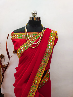 WELLBRED Solid/Plain, Embellished Daily Wear Georgette Saree(Red)