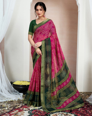 Divastri Printed, Embellished Bandhani Chiffon, Georgette Saree(Green, Pink)