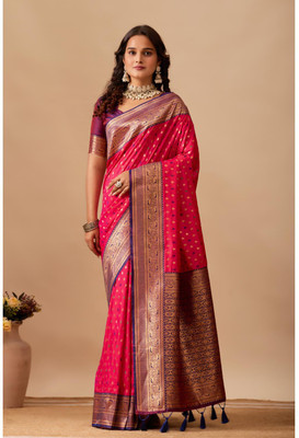 Kathavastra Floral Print, Woven Banarasi Pure Silk Saree(Pink)