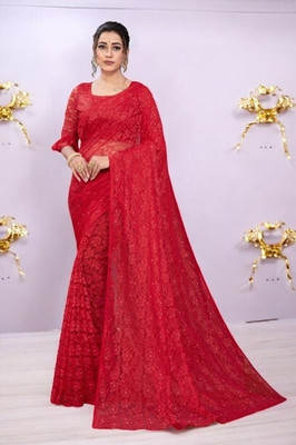 NORAFLEX Embroidered Bollywood Net Saree(Red)