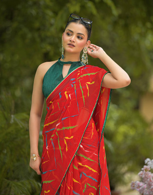 Samah Printed Bandhani Georgette, Chiffon Saree(Red, Multicolor)