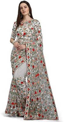 Amreliya Style Embroidered Chanderi Net Saree(White)