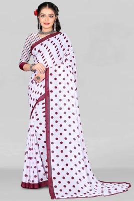 Leelavati Polka Print Bollywood Georgette Saree(White, Brown)