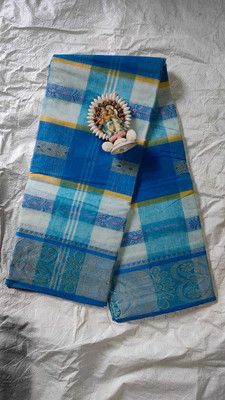 GHOSH TEXTILE Printed Tant Pure Cotton Saree(White, Blue)