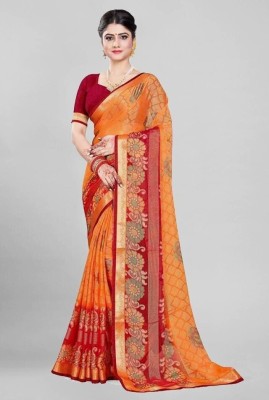 EMV Embroidered Daily Wear Chiffon, Brasso Saree(Red, Orange)