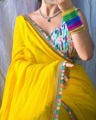 HouseOfCommon Solid/Plain, Self Design Bollywood Georgette Saree(Yellow)