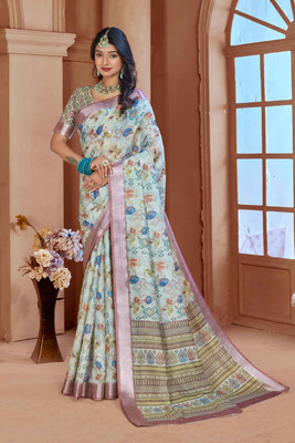 Ethnic Trendz Digital Print Saree with Attached Blouse Cotton Linen Saree(Multicolor)