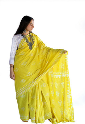 Agati Printed Handloom Cotton Blend Saree(Yellow)