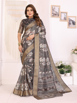 HouseOfCommon Digital Print Banarasi Silk Blend Saree(Grey)