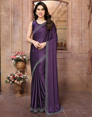 YASHIKA Embellished Bollywood Satin Saree(Purple)