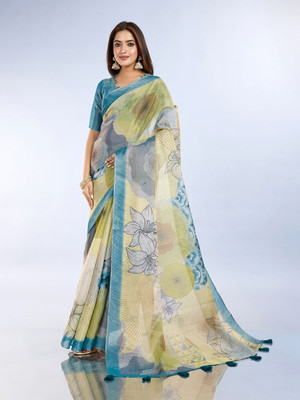 BINAKA FASHION Floral Print, Printed Daily Wear Jacquard, Cotton Linen Saree(Multicolor)
