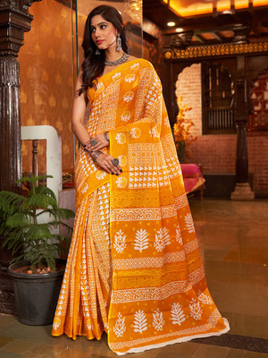 KARAGIRI Blocked Printed Kota Doria Cotton Blend Saree(Yellow)