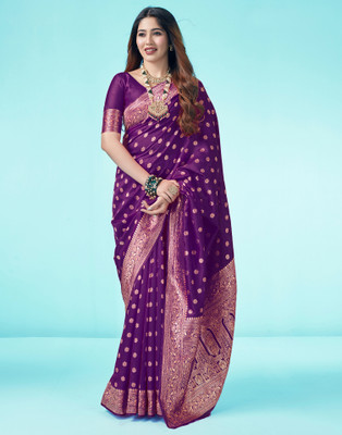 Samah Woven, Embellished, Self Design Banarasi Silk Blend, Jacquard Saree(Purple, Gold)
