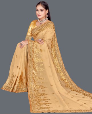 KHRITI FAB Embroidered, Floral Print Bollywood Georgette Saree(Cream)