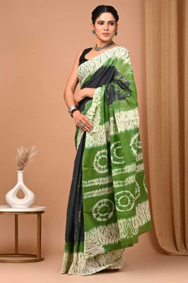 Handprinted Printed Daily Wear Cotton Blend Saree(Light Green)