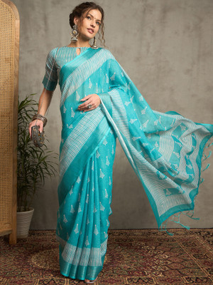 ANOUK Printed Hand Batik Linen Saree(Light Blue)
