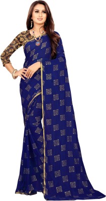 mamtasaree Printed Bollywood Velvet, Chiffon Saree(Dark Blue)