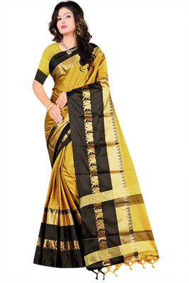 DEEP KIRAN FABRICS Temple Border, Woven, Color Block Maheshwari Cotton Silk Saree(Gold)