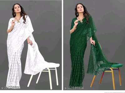 Nilkanthvarni Creation Self Design Bollywood Net Saree(Pack of 2, White, Green)