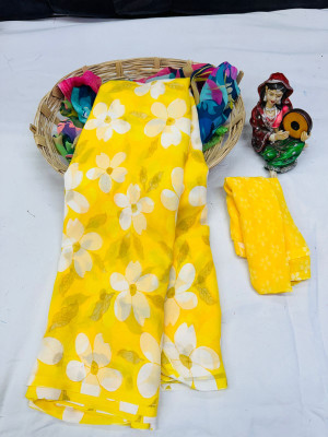 Bhuwal Fashion Floral Print Daily Wear Georgette Saree(Yellow)