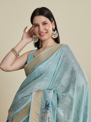 SUDIPTA Printed Kalamkari Cotton Silk Saree(Light Blue)
