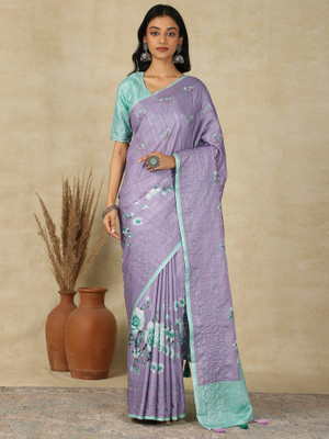 Tasrika Printed Banarasi Silk Blend Saree(Purple)