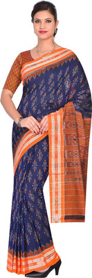 handloom paridhaan Printed, Striped Daily Wear Pure Cotton Saree(Blue)
