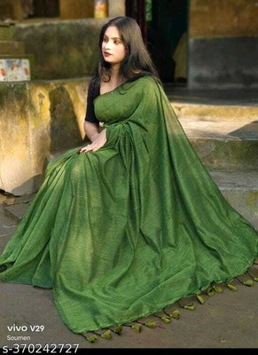 SMRITI HANDLOOM Solid/Plain Handloom Handloom Pure Cotton Saree(Green)