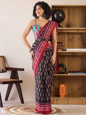 Tasrika Printed Pre Draped Saree Cotton Blend Saree(Black)