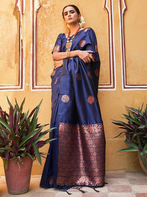 Janasya Woven, Self Design Kanjivaram Silk Blend Saree(Blue)