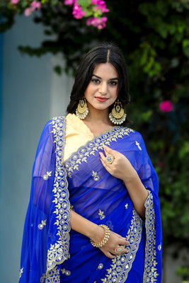 PRETTYAGE Solid/Plain, Embroidered Bollywood Georgette, Silk Blend Saree(Dark Blue)