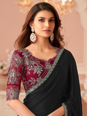 Tasrika Solid/Plain Bollywood Georgette Saree(Black)