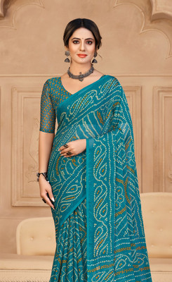REBOOT FASHIONS Printed Bandhani Chiffon Saree(Green)