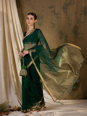 Suha Woven Banarasi Organza Saree(Green)