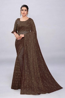 NORAFLEX Embroidered Bollywood Net Saree(Brown)