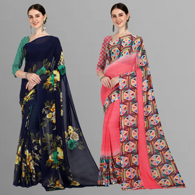 Anand Sarees Floral Print Daily Wear Georgette Saree(Pack of 2, Dark Blue, Pink)