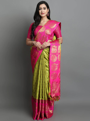 VILLAGIUS Embellished, Woven Kanjivaram Cotton Silk, Art Silk Saree(Multicolor)