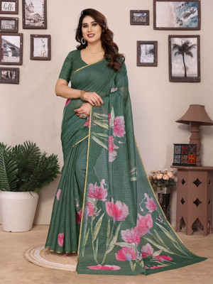 Soor Panchi Checkered Kovai Cotton Linen Saree(Green)