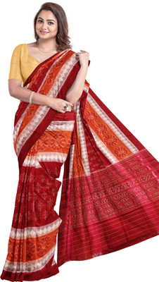 handloom paridhaan Temple Border, Hand Painted Handloom Pure Cotton Saree(Orange, Red)