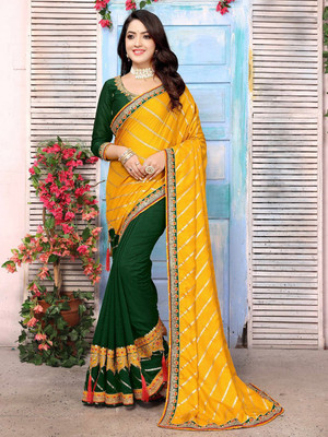 ANOUK Striped Daily Wear Silk Blend Saree(Yellow)